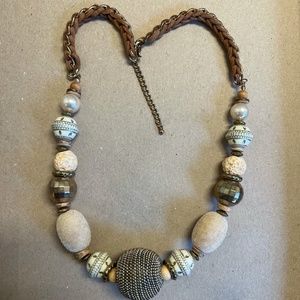 26 inch Neutral-Color Bead and Leather Necklace